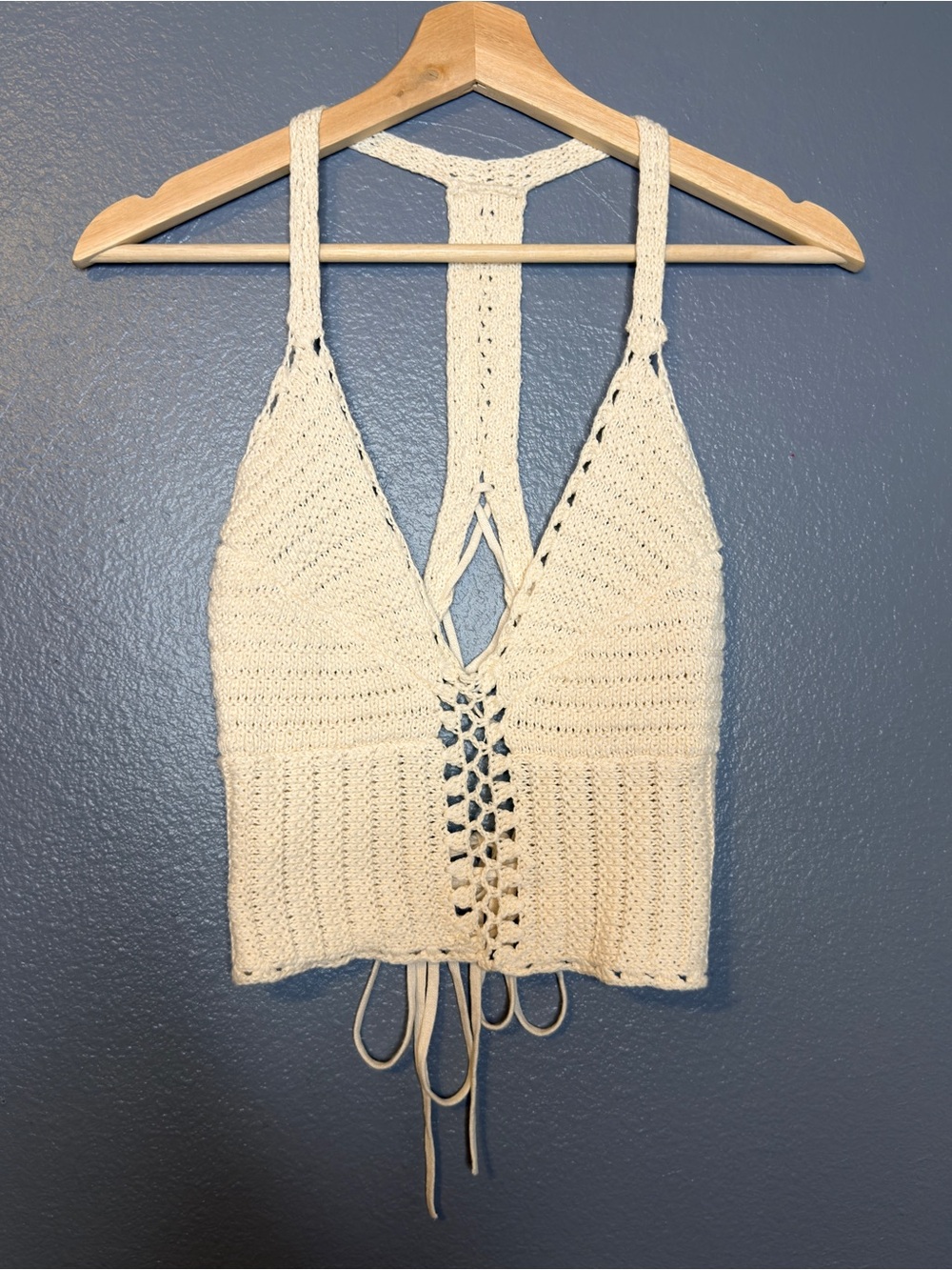 American Eagle Outfitters Cream Crochet Halter Tie-Back Crop Top Cottage Small